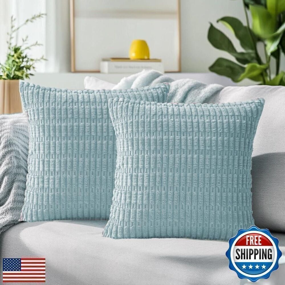 Corduroy Decorative Light Blue Throw Pillow Covers 16x16 Inch Set of 2